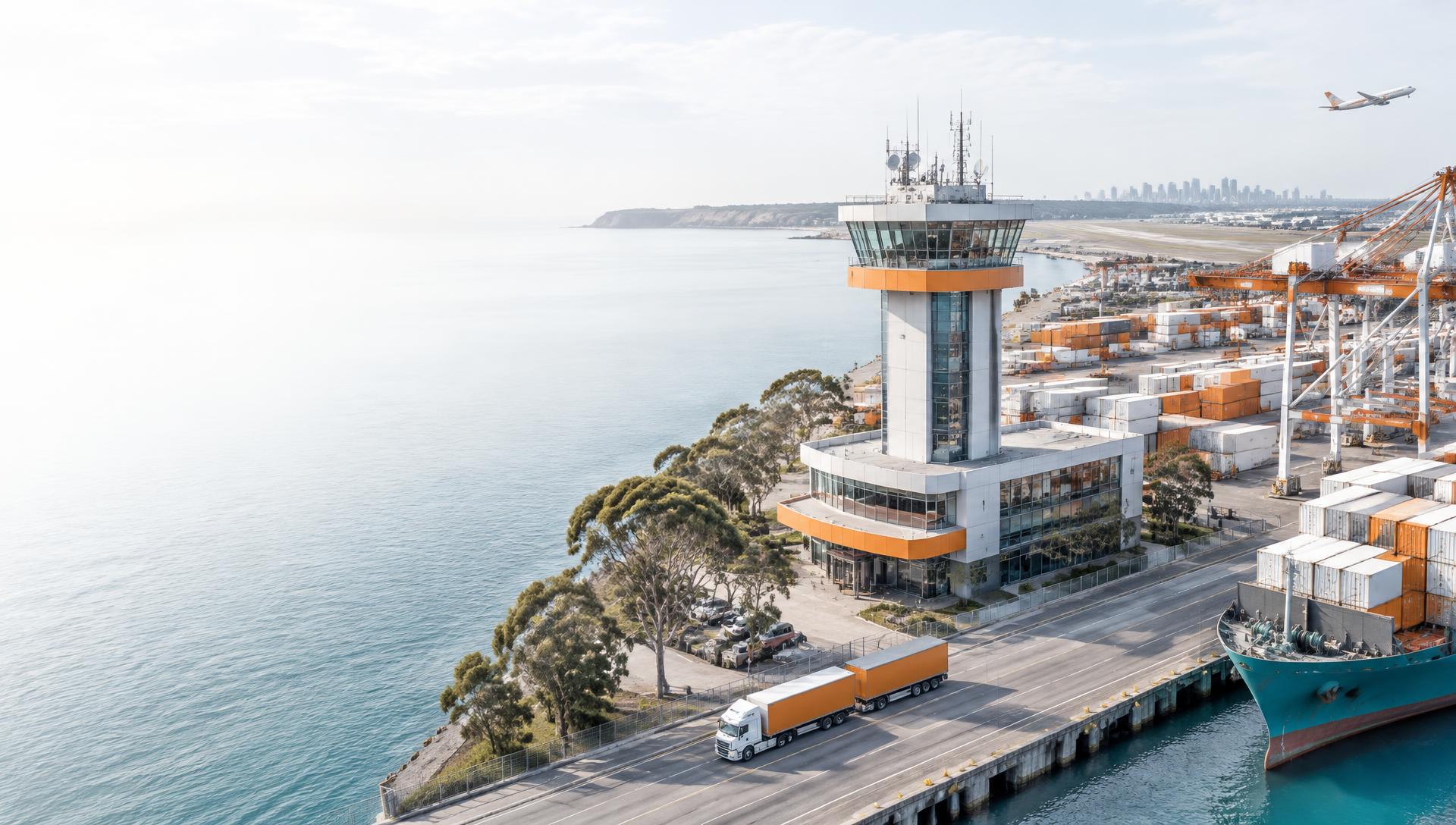 Architectural concept of an Australian freight control tower overlooking a container port, B-double truck and cargo aircraft
